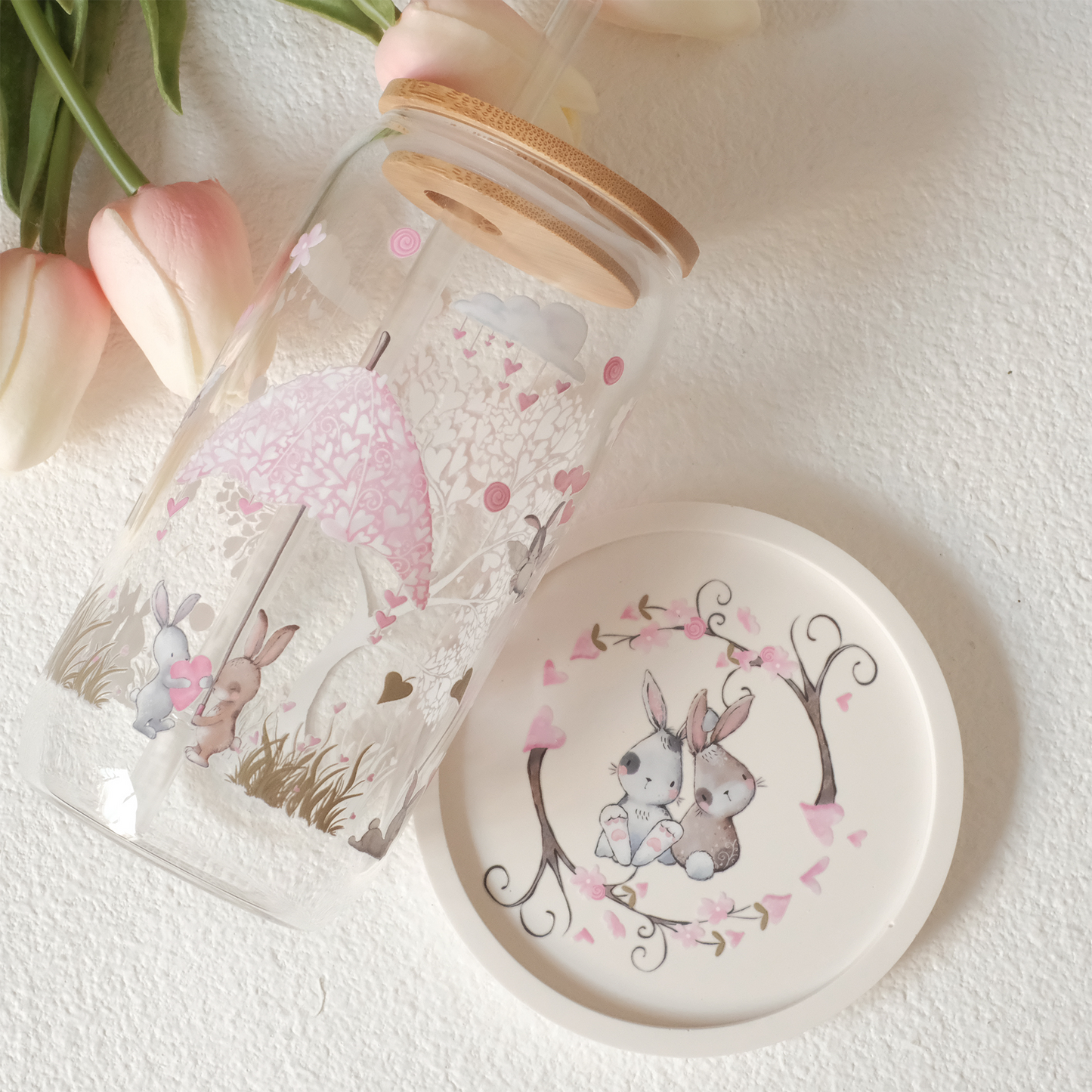 Libbey Glass and Coaster Set - Pink Bunny