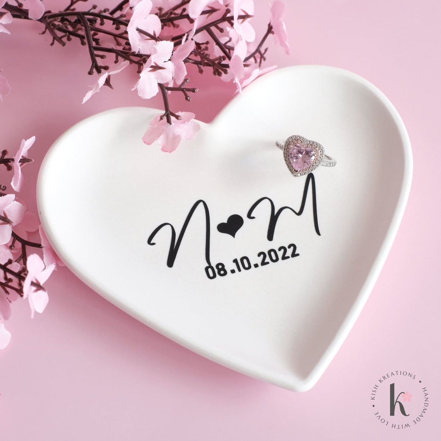 Heart Ring Dish | A❤️B | Monogram Design - Kish Kreations - Heart Ring Dishes, Homewares, Personalised Ring Dish Australia, Ring Dish Australia, Trinket Trays, Wedding, wedding gifts near me - heart-ring-dish-a❤️b-monogram-design