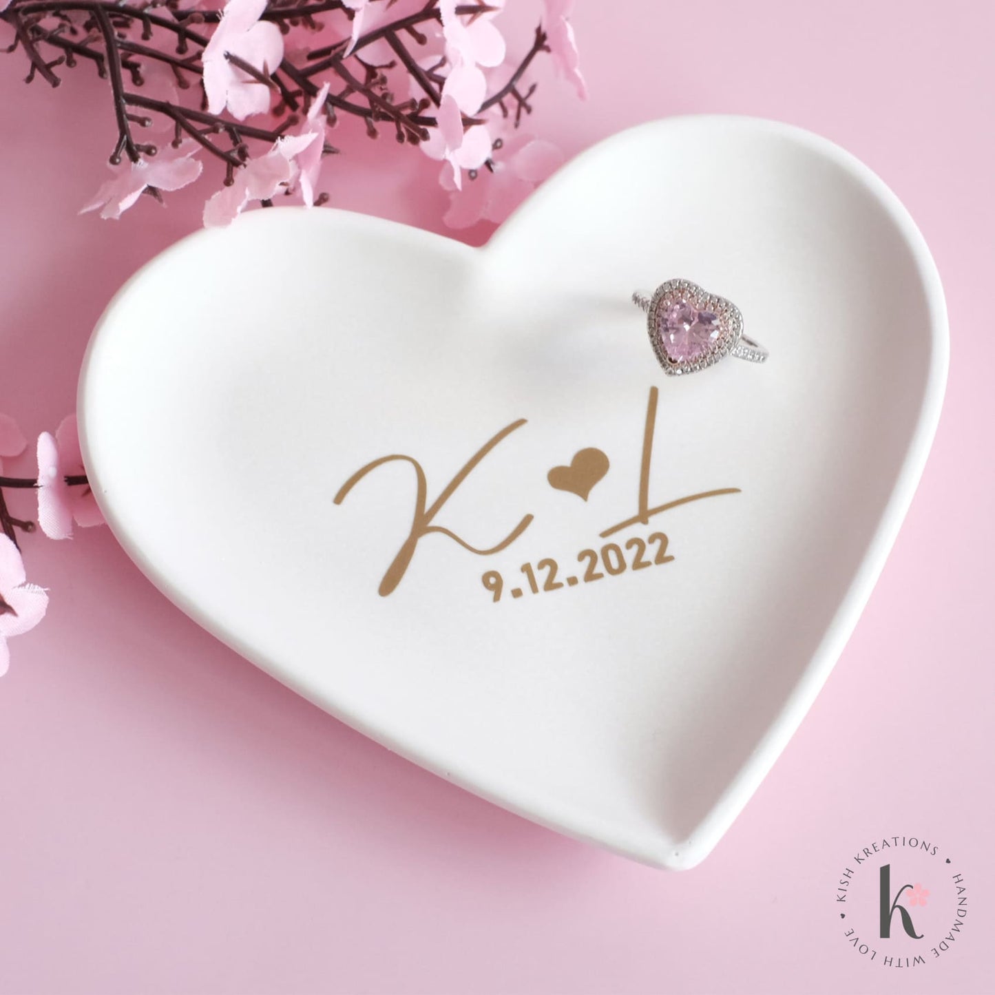 Heart Ring Dish | A❤️B | Monogram Design - Kish Kreations - Heart Ring Dishes, Homewares, Personalised Ring Dish Australia, Ring Dish Australia, Trinket Trays, Wedding, wedding gifts near me - heart-ring-dish-a❤️b-monogram-design