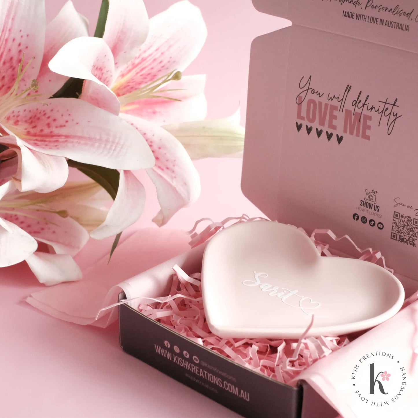 Heart Ring Dish | Custom | Plain Design - Kish Kreations - Birthday Gift for her Australia, Heart Ring Dishes, Heart Shaped Gifts, Homewares, Personalised Ring Dish Australia, trinket dish, Trinket Trays, Wedding - heart-ring-dish-your-name-plain-design