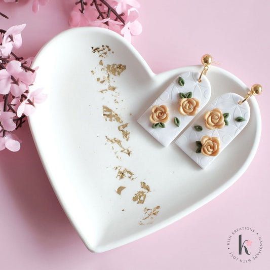 Heart Ring Dish | Elegant White with Gold Flakes Design - Kish Kreations - Elegant, Heart Ring Dishes, Homewares, Trinket Trays, Wedding - heart-ring-dish-elegant-white-with-gold-flakes-design