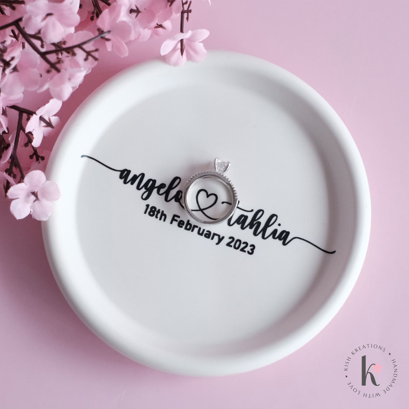 Round Ring Dish | A❤️B | Plain Design - Kish Kreations - Circle Dish, Engagement Gifts under $30, Engagement Ring Dish Customised, Homewares, Personalised Dish, Personalised Ring Dish Australia, Ring Dish Australia, Wedding, Wedding Gifts for Couple, Wedding Gifts under $30, Wedding Presents Australia - round-ring-dish-a❤️b-plain-design