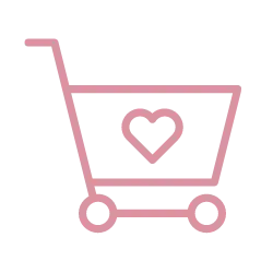 Pink pixelated shopping cart icon with a heart symbol inside the basket.