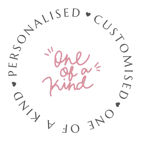 Pink pixelated text reading ’one of a kind’ centered within a circular arrangement of gray, stylized lettering.